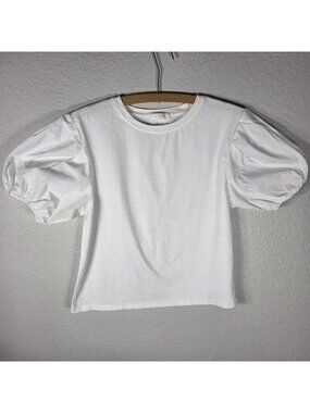 All : Row White Puff Short Sleeve Top Blouse Size S Cotton Crew Neck
